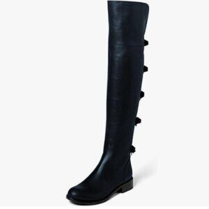 XYD Women Over The Knee Thigh High Leather Boots Chunky Heel Round Toe Dark Blue
